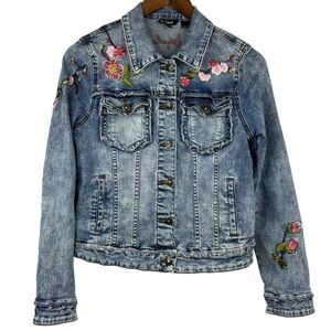 Desigual Floral Embroidered 4 Pocket Distressed Fade Washed Jean Jacket EU 38